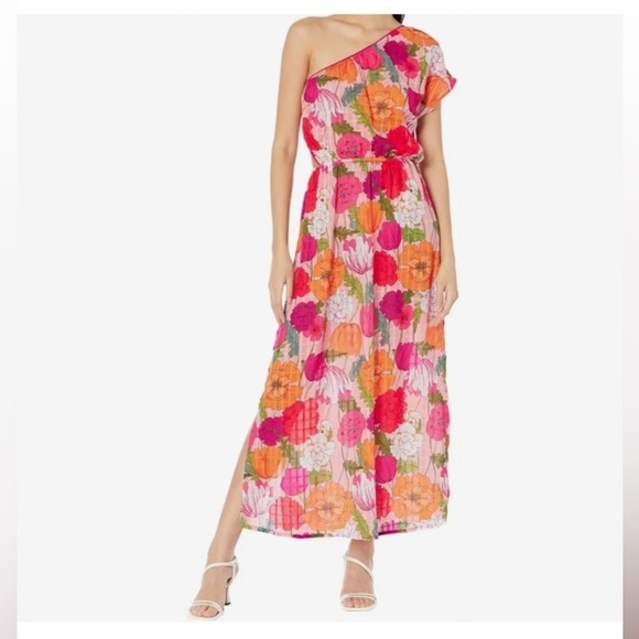 TRINA TURK sunny bloom asymmetrical one-shoulder maxi dress in multi M vacation - Picture 2 of 16